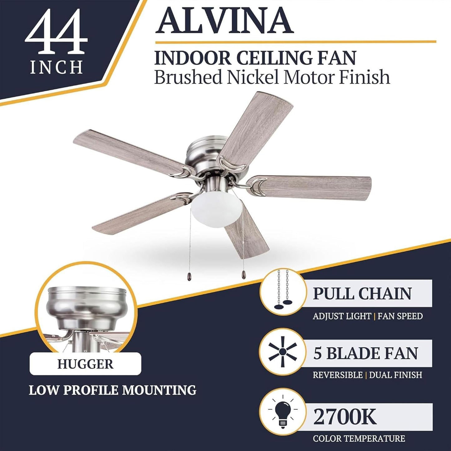 Alvina Traditional 44 Inch Ceiling Fan with Light, LED Flush Mount Ceiling Fan, Indoor Fan with 5 Blades, Gray Oak and Brown Walnut Blade Finish Options, Satin Nickel (51585-01)