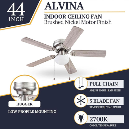 Alvina Traditional 44 Inch Ceiling Fan with Light, LED Flush Mount Ceiling Fan, Indoor Fan with 5 Blades, Gray Oak and Brown Walnut Blade Finish Options, Satin Nickel (51585-01)