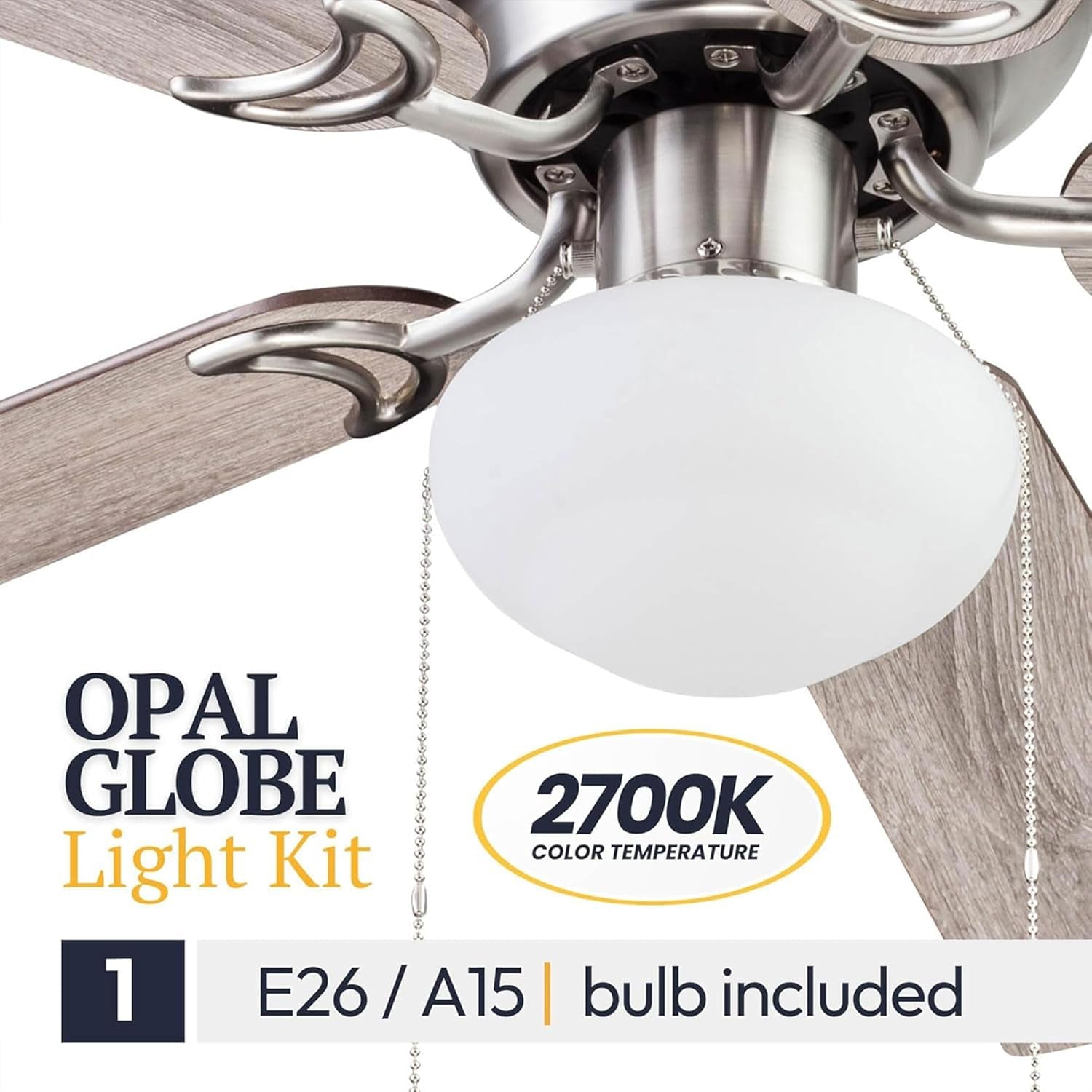 Alvina Traditional 44 Inch Ceiling Fan with Light, LED Flush Mount Ceiling Fan, Indoor Fan with 5 Blades, Gray Oak and Brown Walnut Blade Finish Options, Satin Nickel (51585-01)