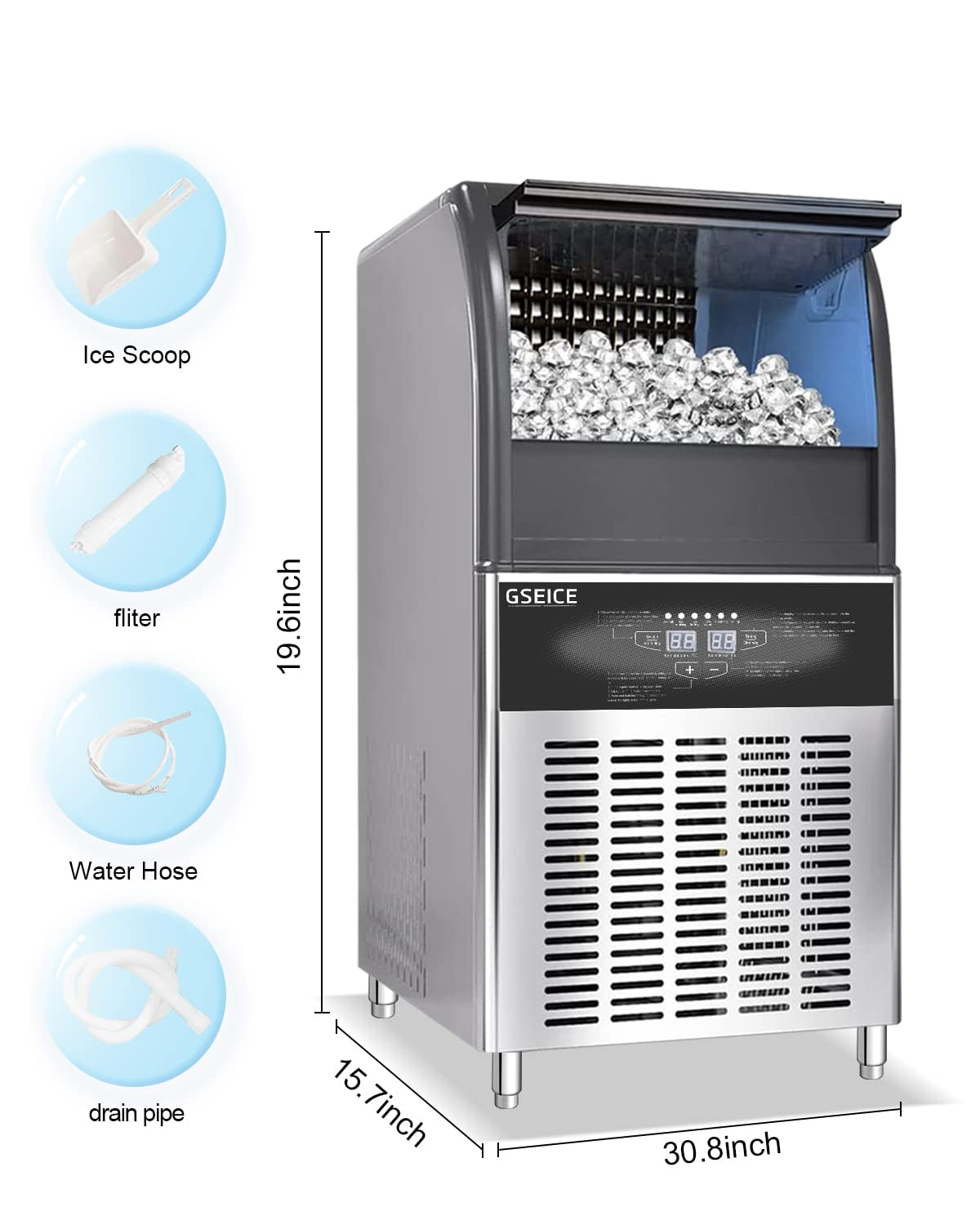 Commercial Ice Maker Machine,90Lbs/24H under Counter Ice Machine with 34Lbs Storage Ice Bin, Stainless Steel Small Ice Maker Ideal for Home Coffee Shop Bars and Restaurant