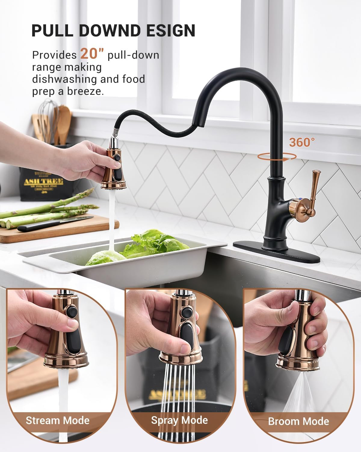 Matte Black and Rose Gold Pull down Kitchen Faucet with Easy-Retract Sprayer - Single Handle High Arc One Hole, Cupc-Certified Pull-Out Hose, Water Supplies and Valve Core