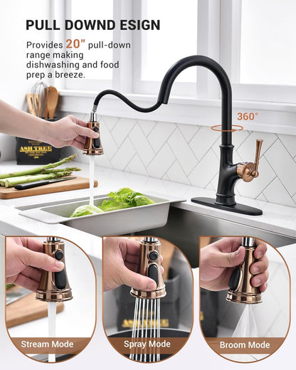Matte Black and Rose Gold Pull down Kitchen Faucet with Easy-Retract Sprayer - Single Handle High Arc One Hole, Cupc-Certified Pull-Out Hose, Water Supplies and Valve Core