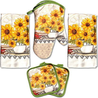 : Bright Sunflower 5-Piece Kitchen Set – 2 Soft Terry Dish Towels and 2 Quilted Potholders & 1 Oven Mitt for Everyday Use