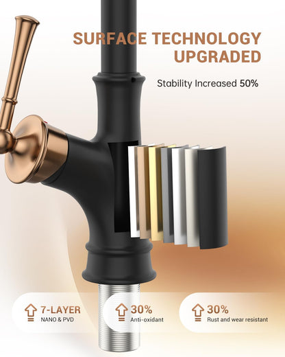 Matte Black and Rose Gold Pull down Kitchen Faucet with Easy-Retract Sprayer - Single Handle High Arc One Hole, Cupc-Certified Pull-Out Hose, Water Supplies and Valve Core