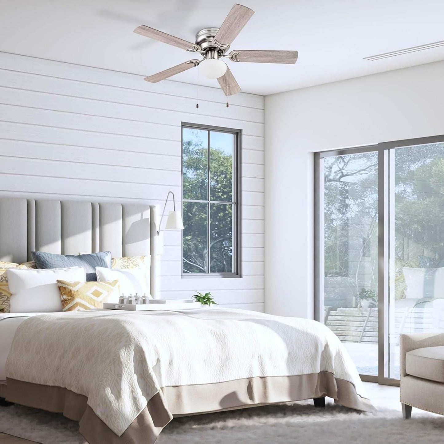 Alvina Traditional 44 Inch Ceiling Fan with Light, LED Flush Mount Ceiling Fan, Indoor Fan with 5 Blades, Gray Oak and Brown Walnut Blade Finish Options, Satin Nickel (51585-01)