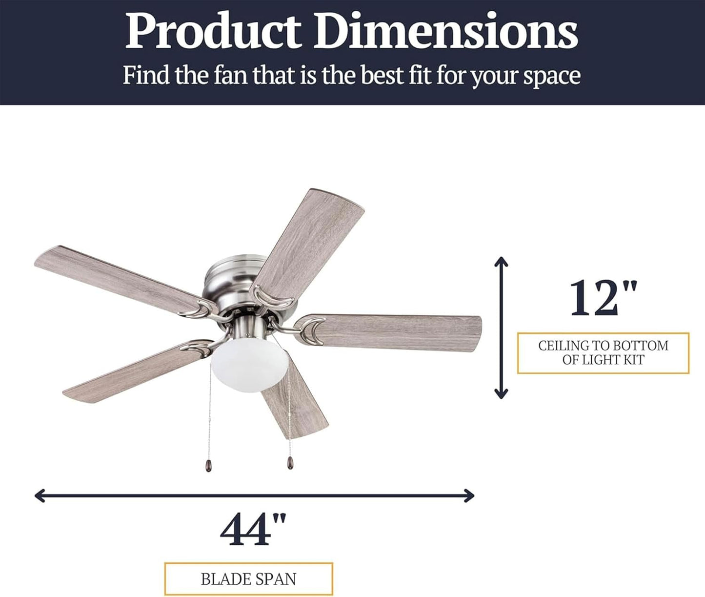 Alvina Traditional 44 Inch Ceiling Fan with Light, LED Flush Mount Ceiling Fan, Indoor Fan with 5 Blades, Gray Oak and Brown Walnut Blade Finish Options, Satin Nickel (51585-01)