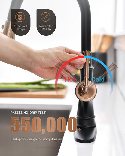 Matte Black and Rose Gold Pull down Kitchen Faucet with Easy-Retract Sprayer - Single Handle High Arc One Hole, Cupc-Certified Pull-Out Hose, Water Supplies and Valve Core