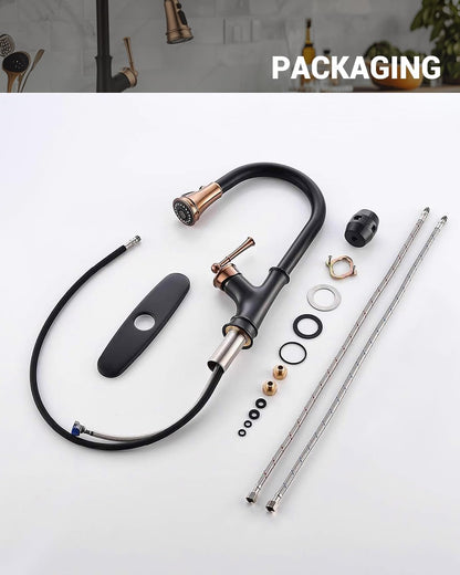 Matte Black and Rose Gold Pull down Kitchen Faucet with Easy-Retract Sprayer - Single Handle High Arc One Hole, Cupc-Certified Pull-Out Hose, Water Supplies and Valve Core
