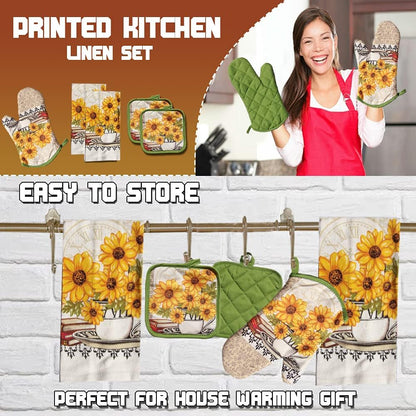 : Bright Sunflower 5-Piece Kitchen Set – 2 Soft Terry Dish Towels and 2 Quilted Potholders & 1 Oven Mitt for Everyday Use