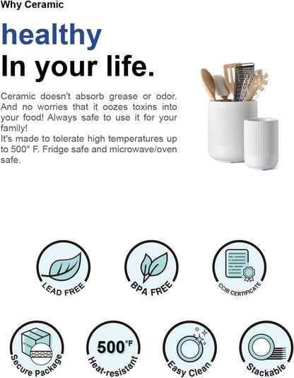 Utensil Holder, 7.3"+5.4" Ceramic Kitchen Utensil Holder for Countertop, Large Cooking Utensil Crocks for Kitchen Counter Decor, Morden Utensil Organizer for Spatula, Set of 2, White