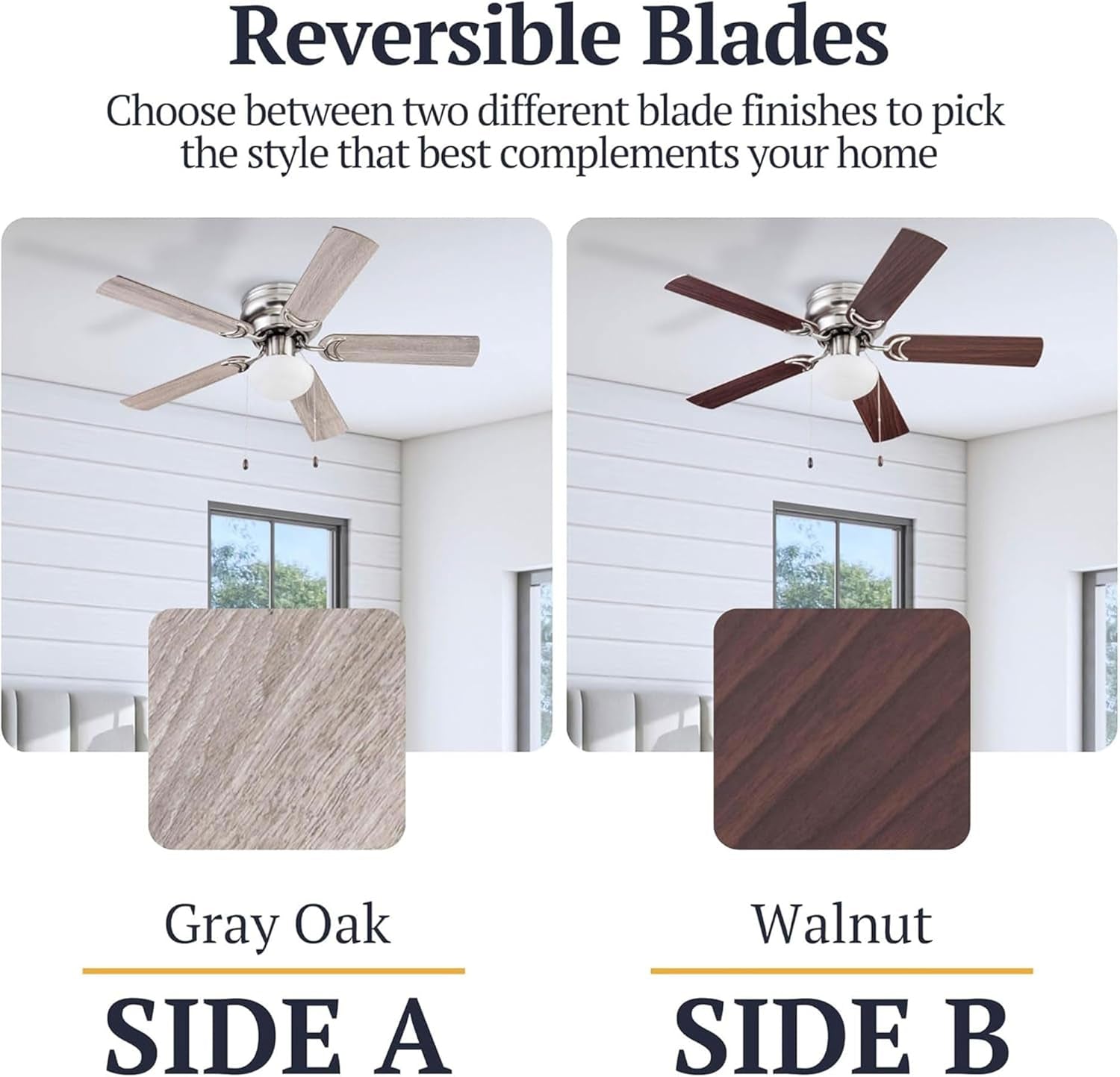 Alvina Traditional 44 Inch Ceiling Fan with Light, LED Flush Mount Ceiling Fan, Indoor Fan with 5 Blades, Gray Oak and Brown Walnut Blade Finish Options, Satin Nickel (51585-01)