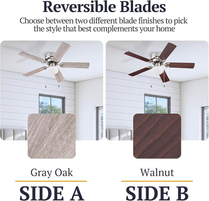 Alvina Traditional 44 Inch Ceiling Fan with Light, LED Flush Mount Ceiling Fan, Indoor Fan with 5 Blades, Gray Oak and Brown Walnut Blade Finish Options, Satin Nickel (51585-01)
