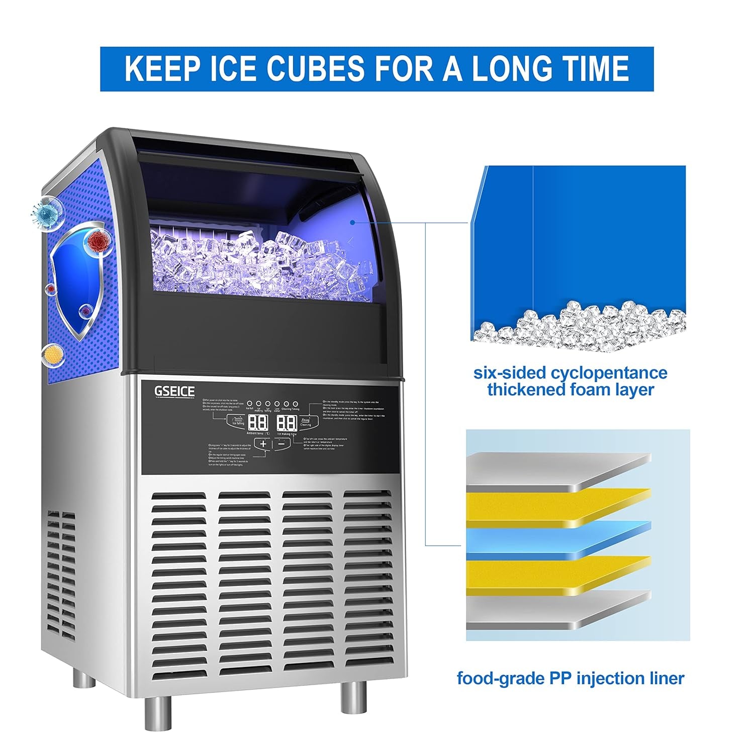 Commercial Ice Maker Machine,90Lbs/24H under Counter Ice Machine with 34Lbs Storage Ice Bin, Stainless Steel Small Ice Maker Ideal for Home Coffee Shop Bars and Restaurant