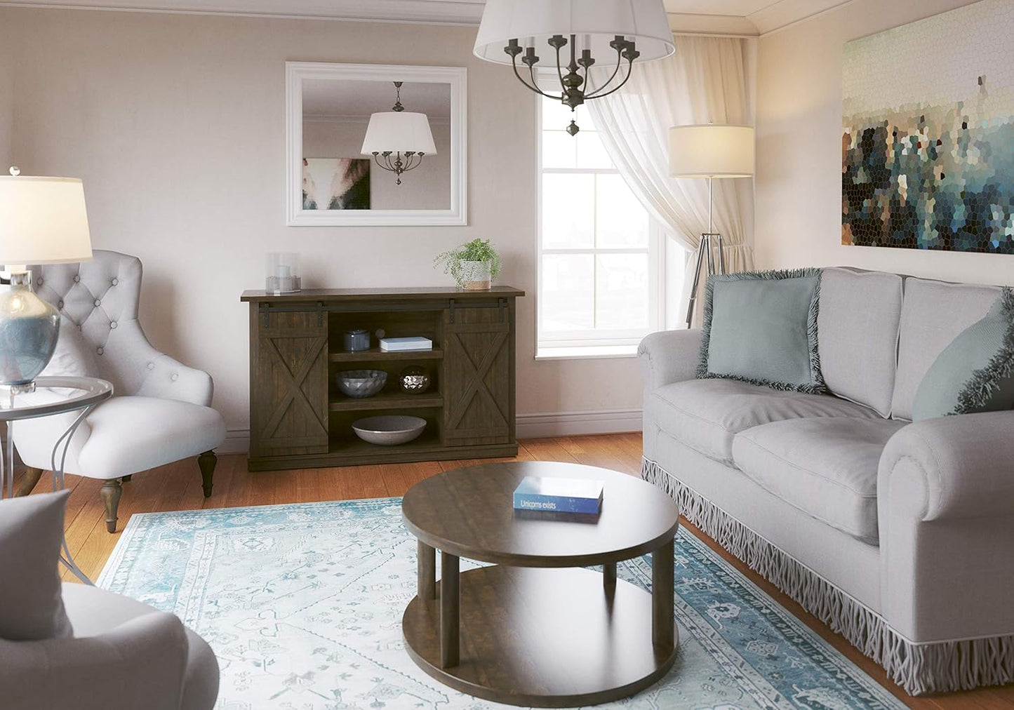 Sliding Barn Door TV Stand, Sawcut Espresso