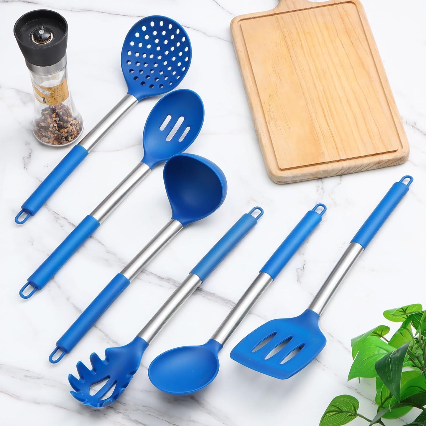 Silicone Kitchen Utensils Set -  6-Pieces Blue Silicone Cooking Utensils Set for Nonstick Cookware - Stainless Steel Handle