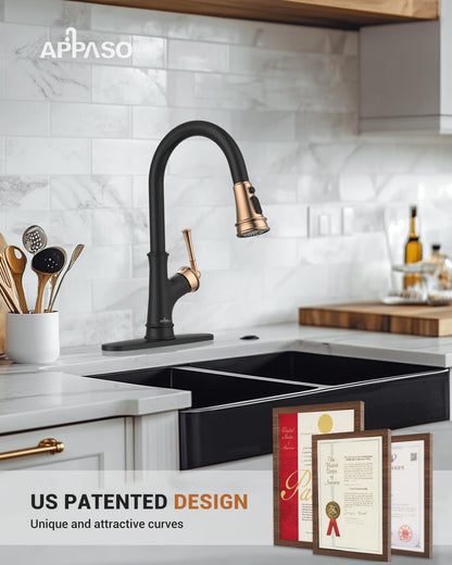 Matte Black and Rose Gold Pull down Kitchen Faucet with Easy-Retract Sprayer - Single Handle High Arc One Hole, Cupc-Certified Pull-Out Hose, Water Supplies and Valve Core