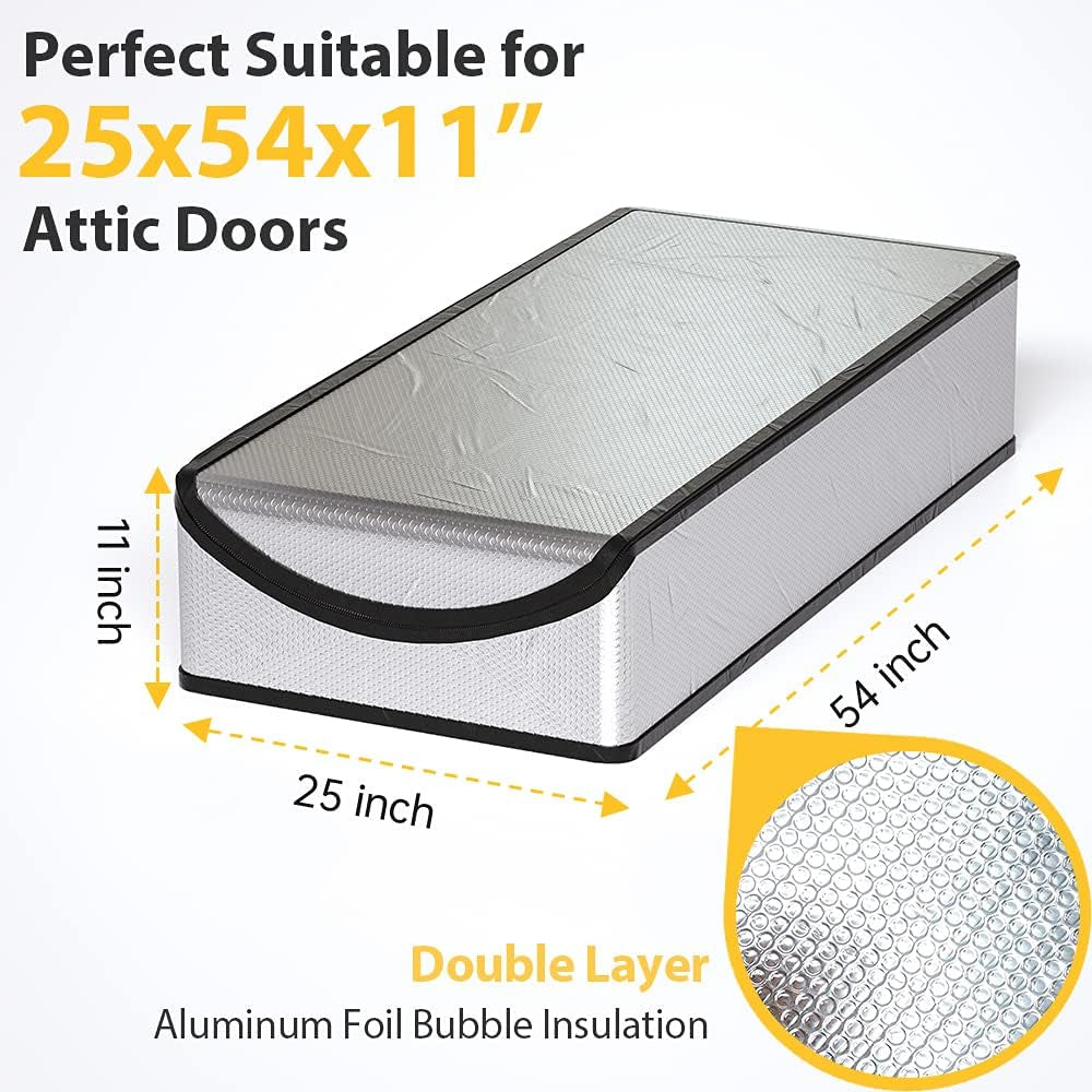 Attic Door Insulation Cover 25"X54"X11", Energy Saving Tent Attic Stairs Cover Ladder Pull down Insulator, R-Value 15.5 Thicken Aluminum Foil Stairway Insulation with Zipper Fireproof