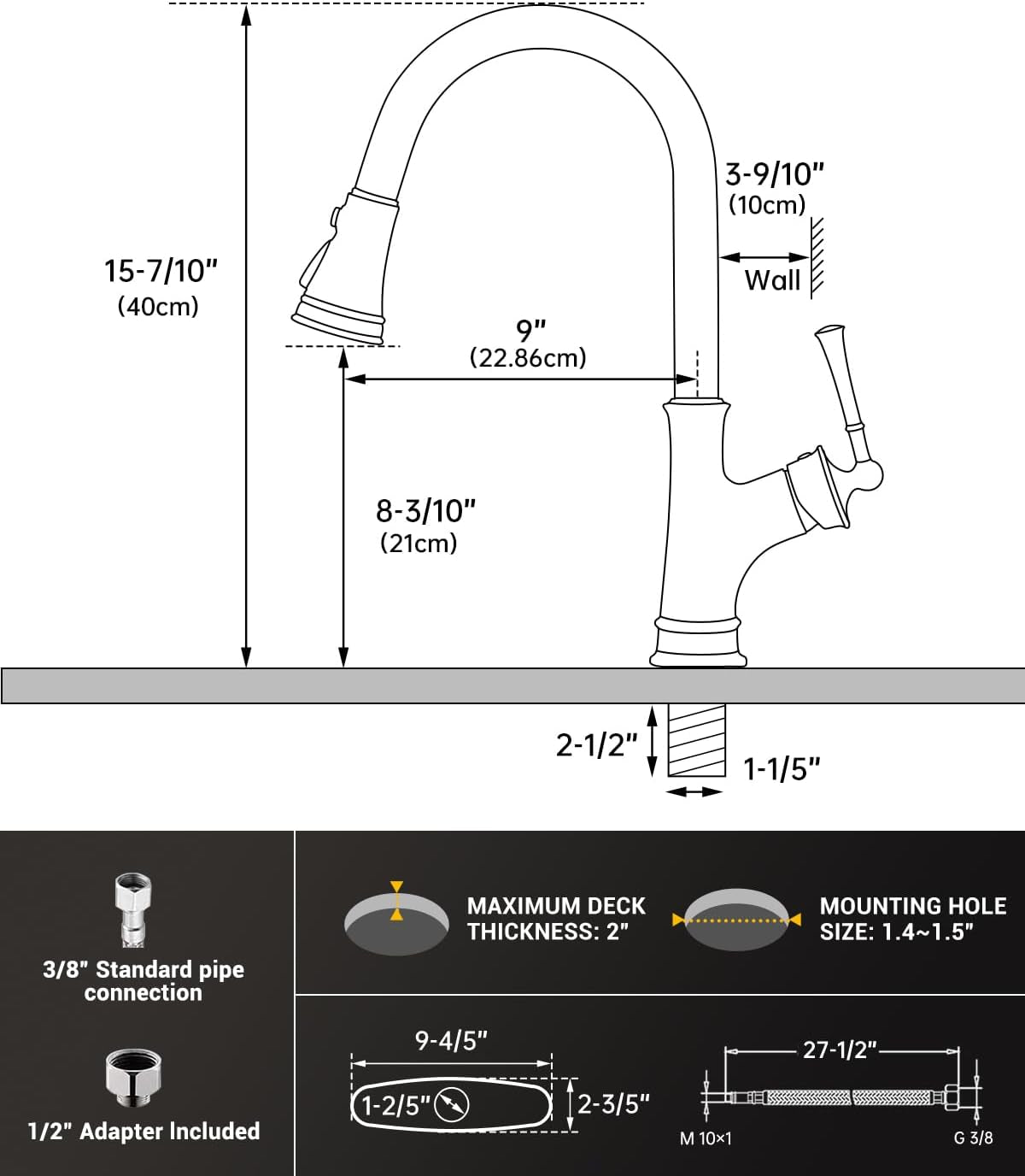 Matte Black and Rose Gold Pull down Kitchen Faucet with Easy-Retract Sprayer - Single Handle High Arc One Hole, Cupc-Certified Pull-Out Hose, Water Supplies and Valve Core