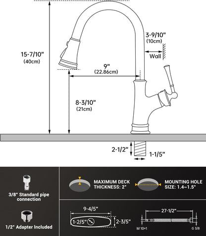 Matte Black and Rose Gold Pull down Kitchen Faucet with Easy-Retract Sprayer - Single Handle High Arc One Hole, Cupc-Certified Pull-Out Hose, Water Supplies and Valve Core